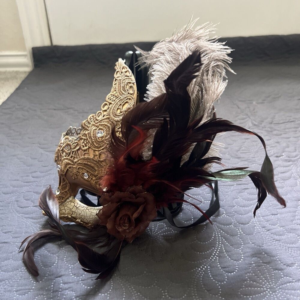 Gold Lace,Rose & Feathers Mardi Gras Glam Chic Mask Mystery Halloween Party Foto - Picture 5 of 9